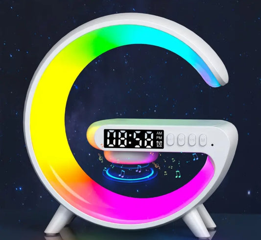 Crescent Moon Rainbow Light Desk Lamp with Wireless Charging, Clock, Radio,