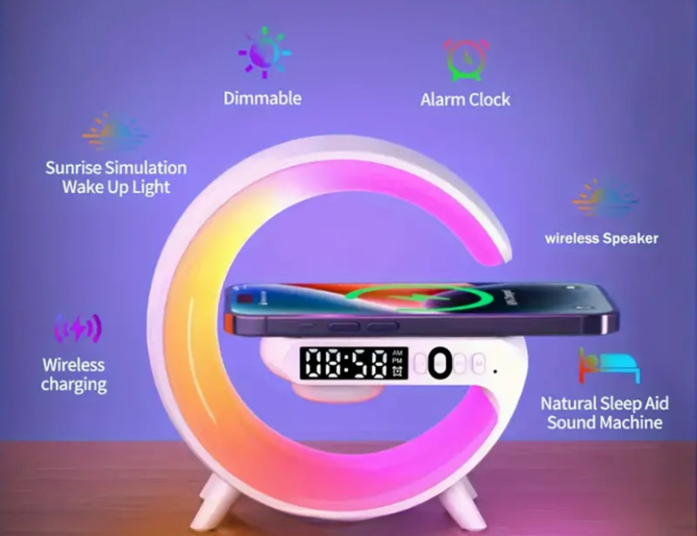 Crescent Moon Rainbow Light Desk Lamp with Wireless Charging, Clock, Radio,