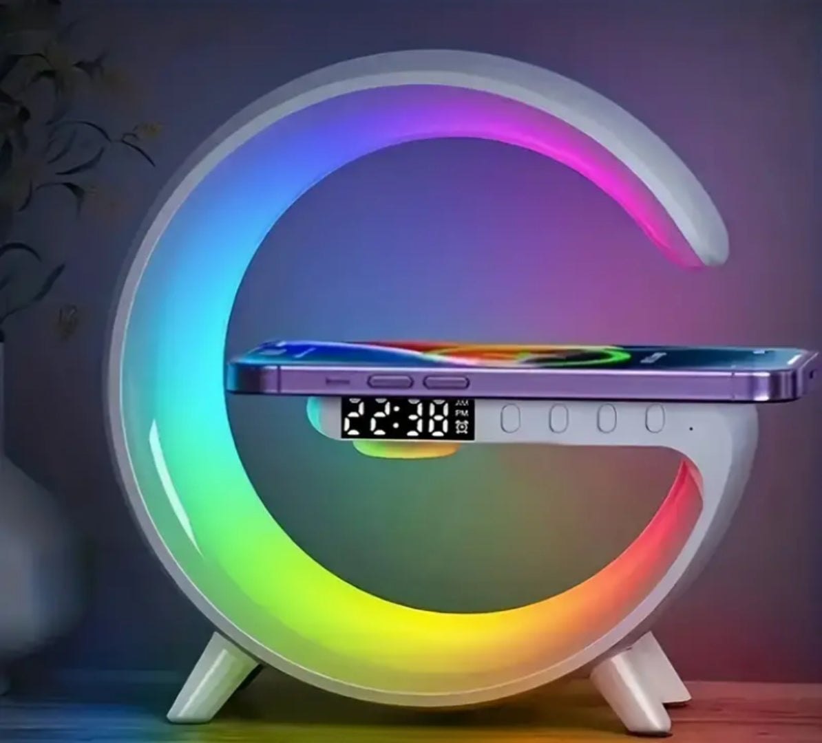 Crescent Moon Rainbow Light Desk Lamp with Wireless Charging, Clock, Radio,