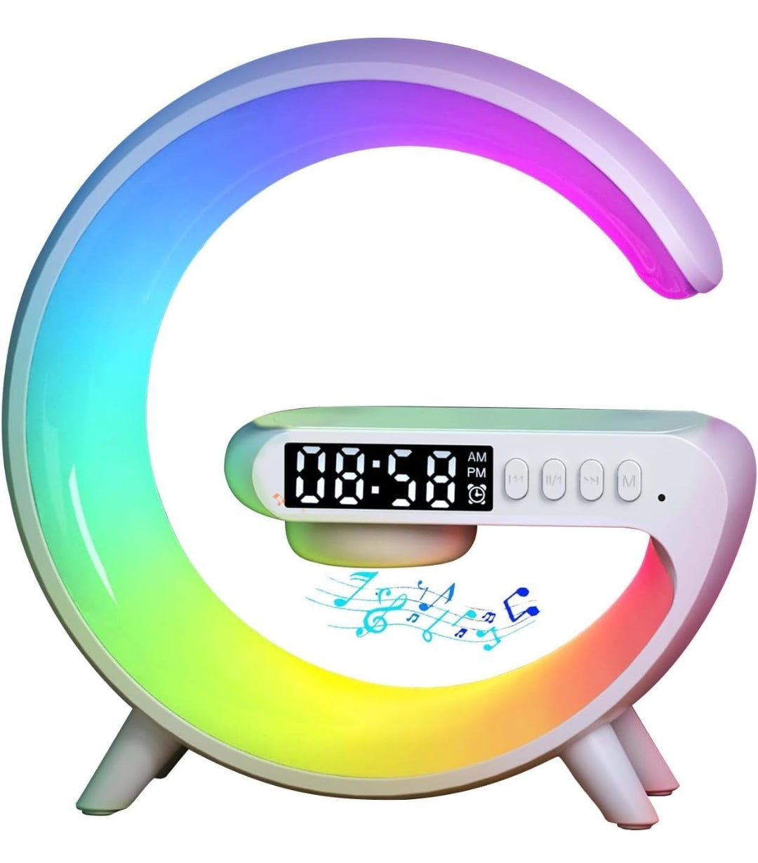 Crescent Moon Rainbow Light Desk Lamp with Wireless Charging, Clock, Radio,