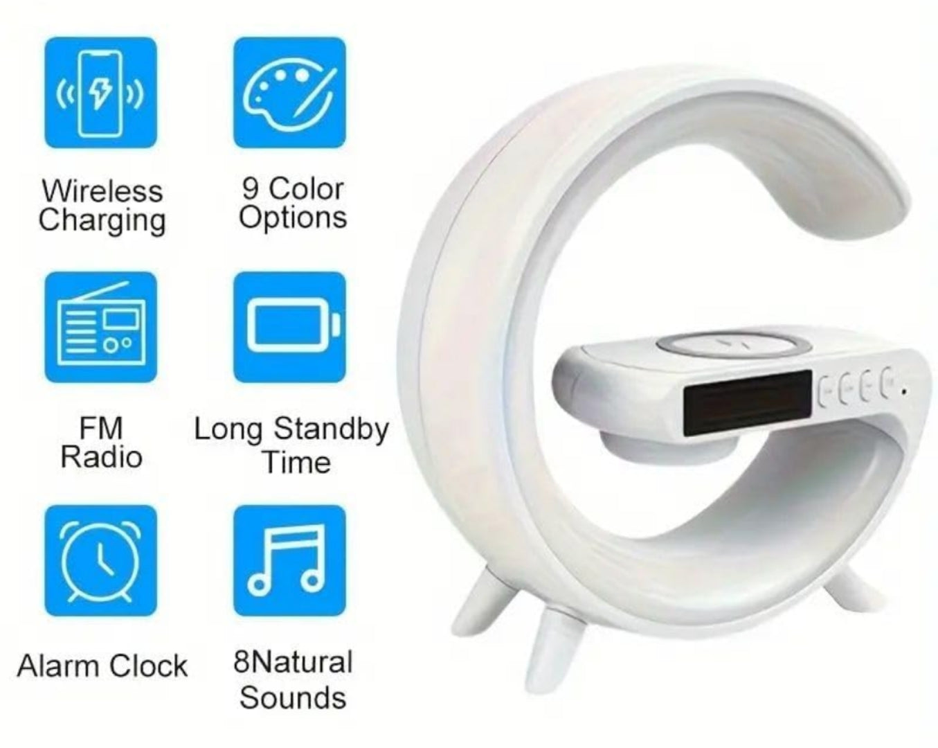 Crescent Moon Rainbow Light Desk Lamp with Wireless Charging, Clock, Radio,