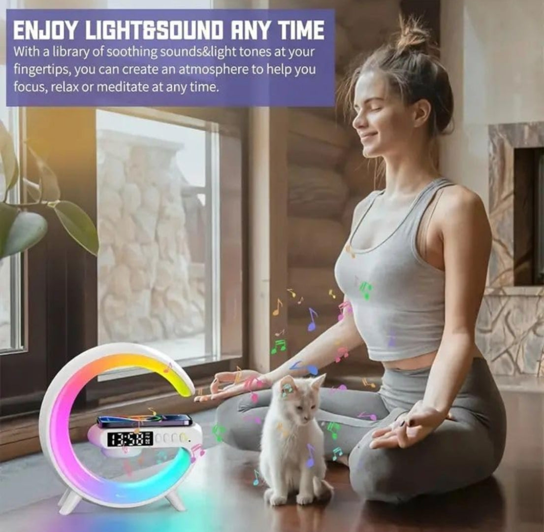 Crescent Moon Rainbow Light Desk Lamp with Wireless Charging, Clock, Radio,